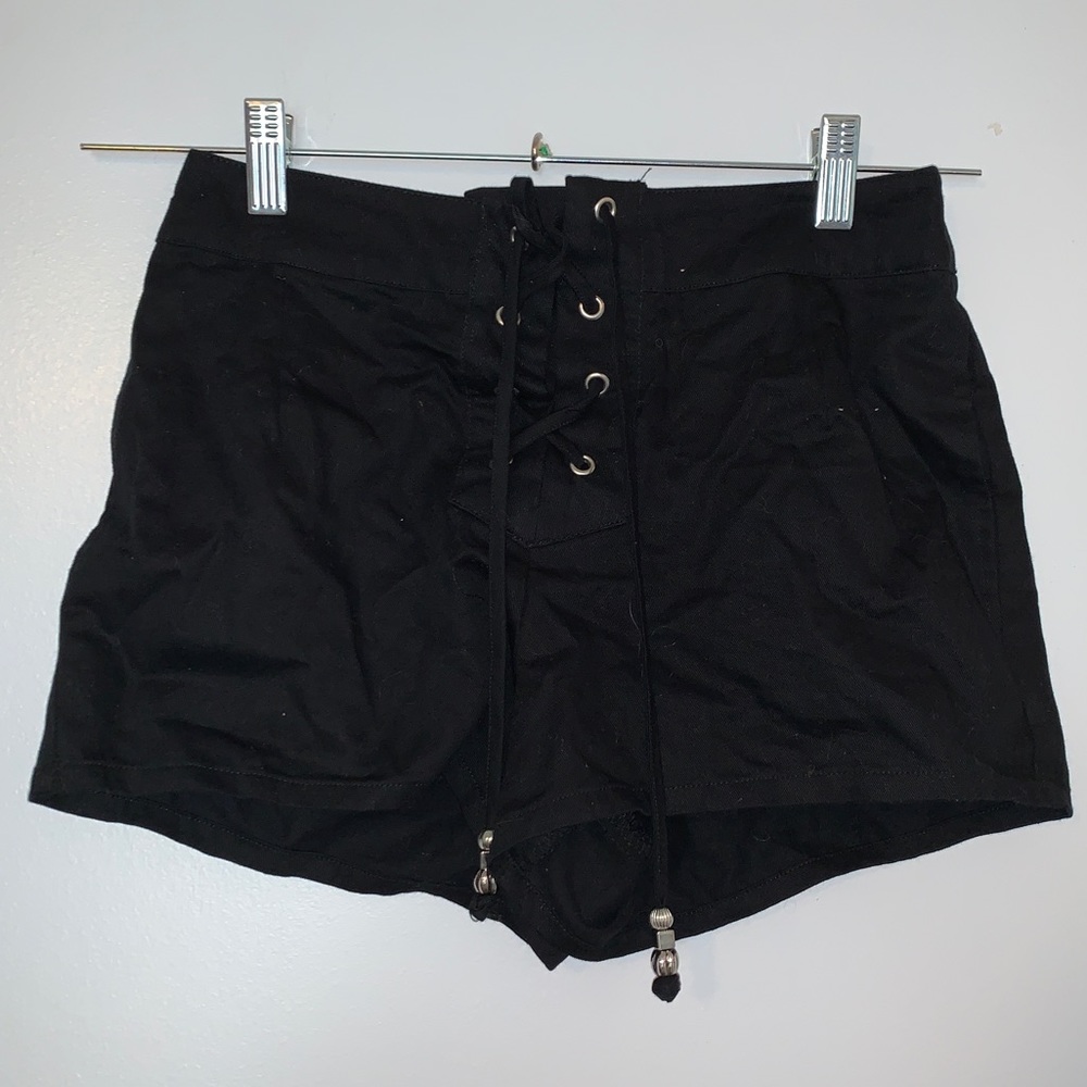 tie front black “jean” shorts